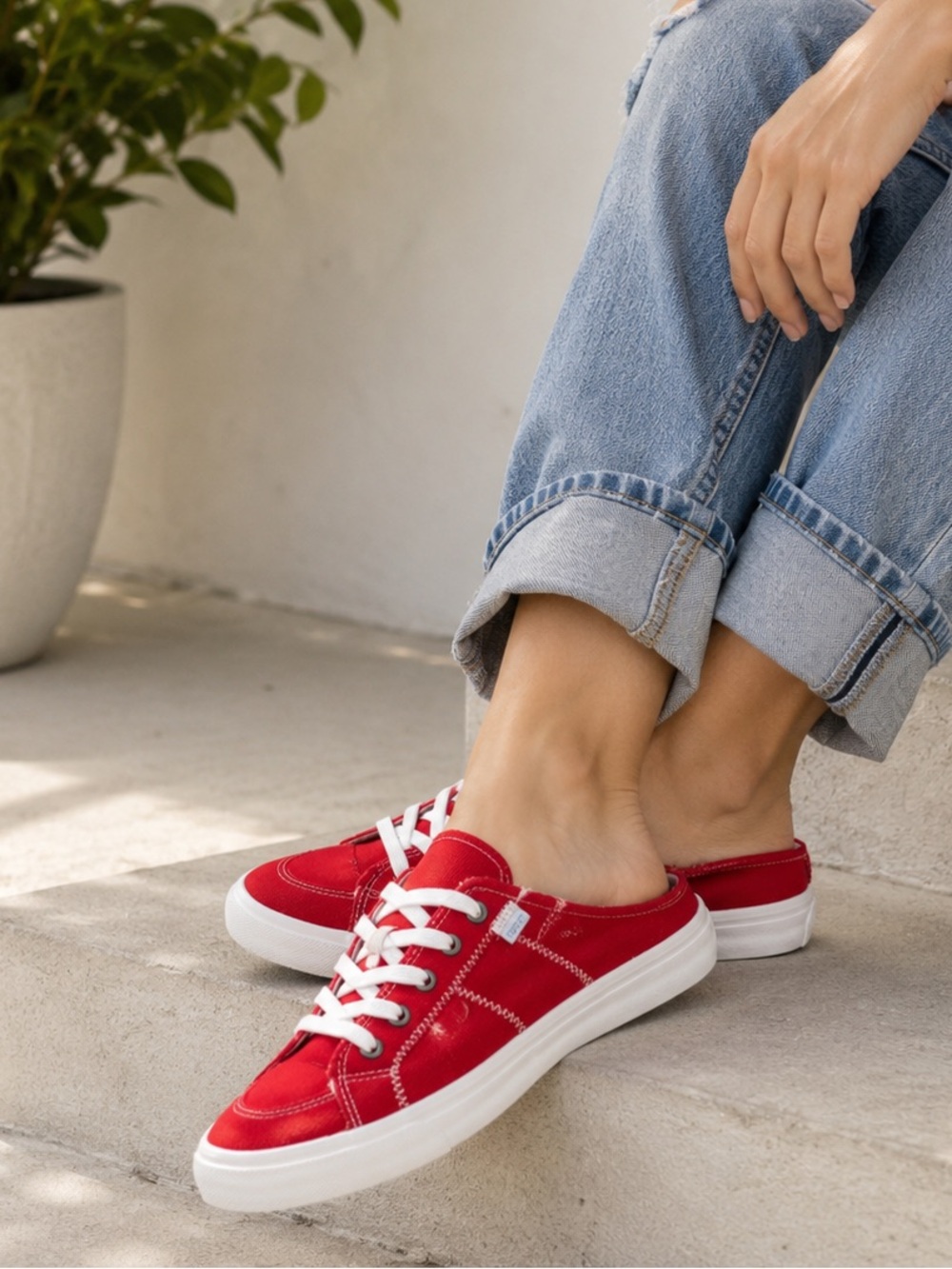 Red Canvas Mule Sneakers Women’s Size 10 Slip-On Distressed Frayed Casual Shoes